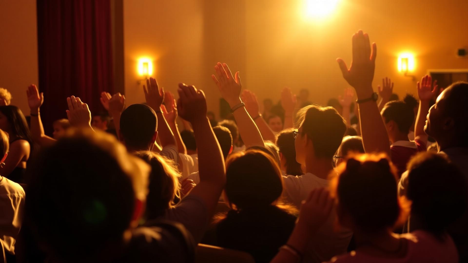 Community gathered with hands raised in a warmly lit auditorium