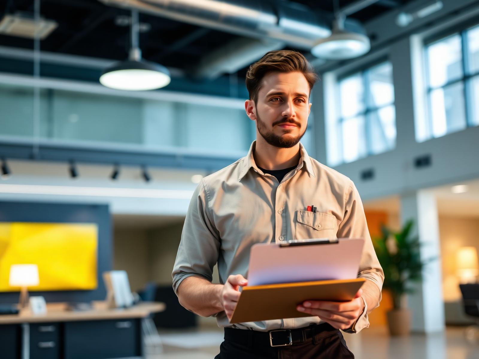 Technician walking a commercial space with clipboard