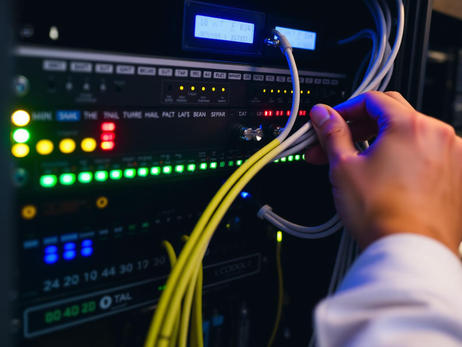 Clean professional AV rack with labeled cables