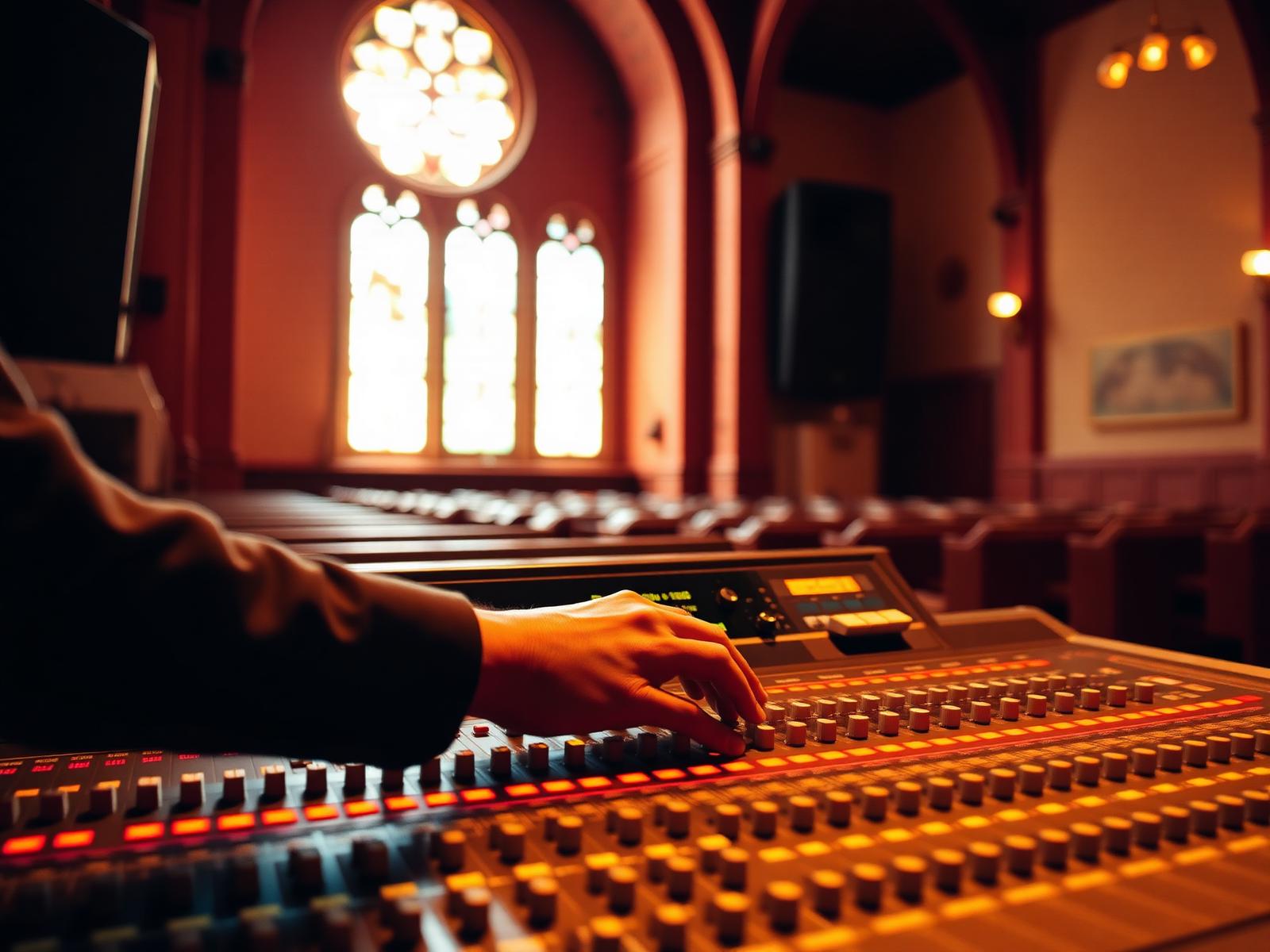 Hands on an audio mixing console in a church sanctuary