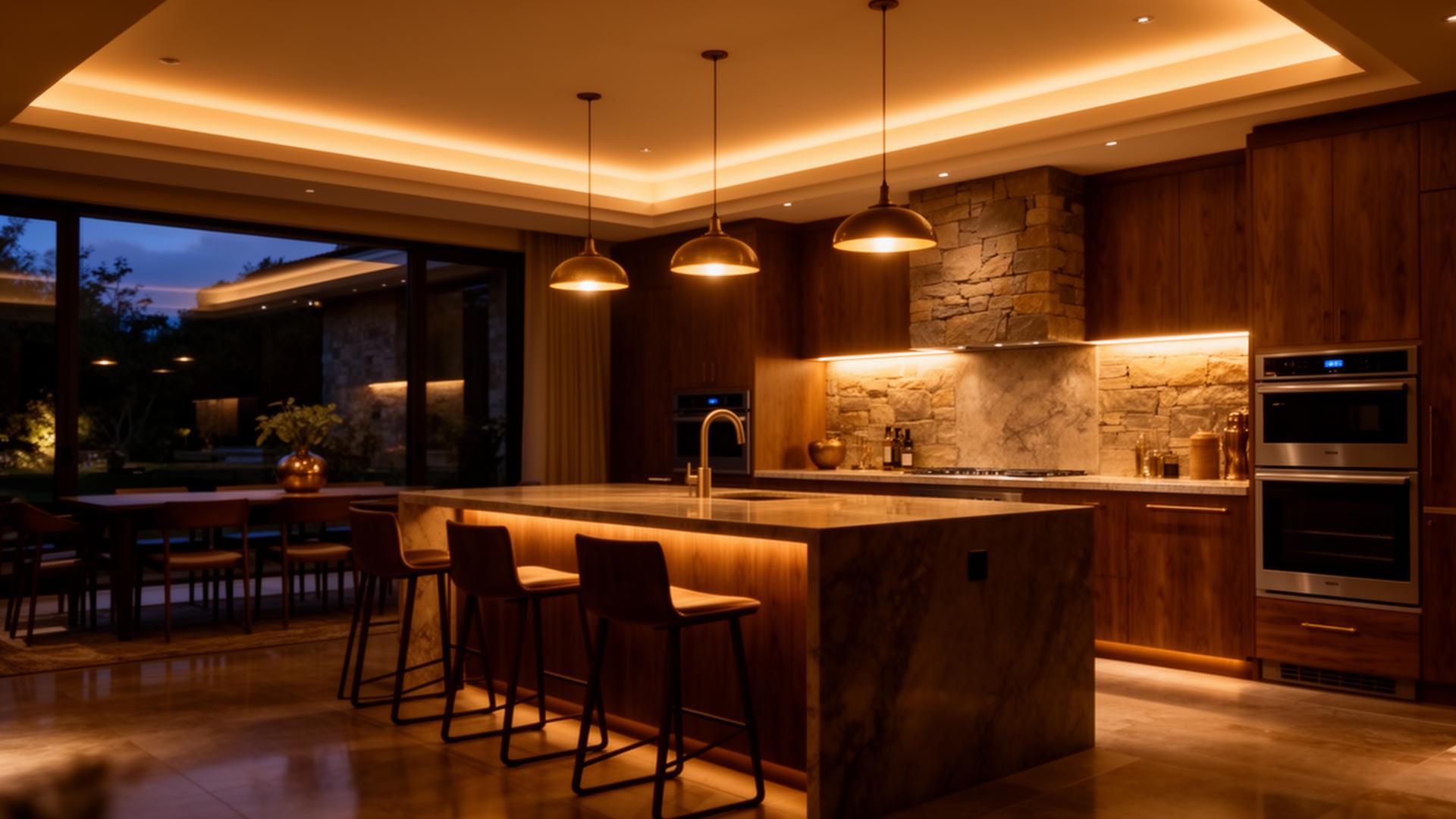Layered architectural lighting in a luxury kitchen at evening