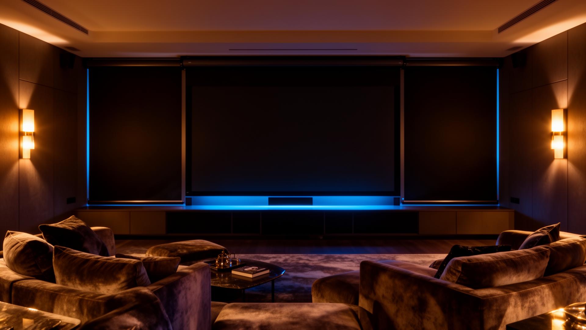 Home theater with blackout shades drawn and warm sconces dimmed low