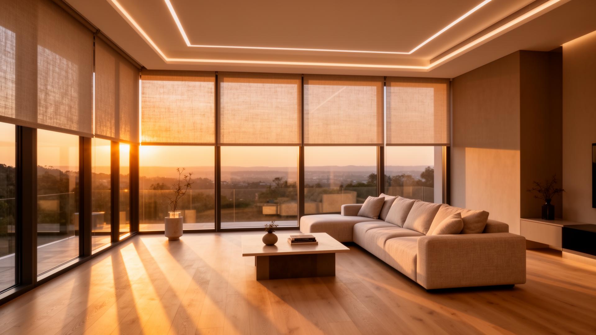 Motorized shades at golden hour