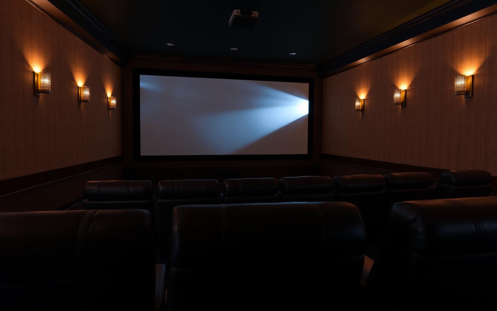 Warm intimate home screening room with projector beam